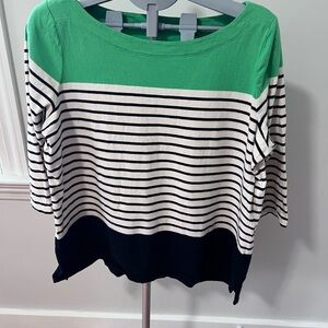 Talbots Green White Black Striped Boatneck Top